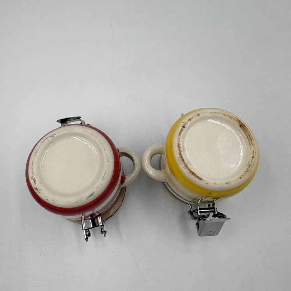 Striped Ceramic Jam Jars Set Of 2 Red‎ Yellow Clamp Lid Airtight Kitchen Storage